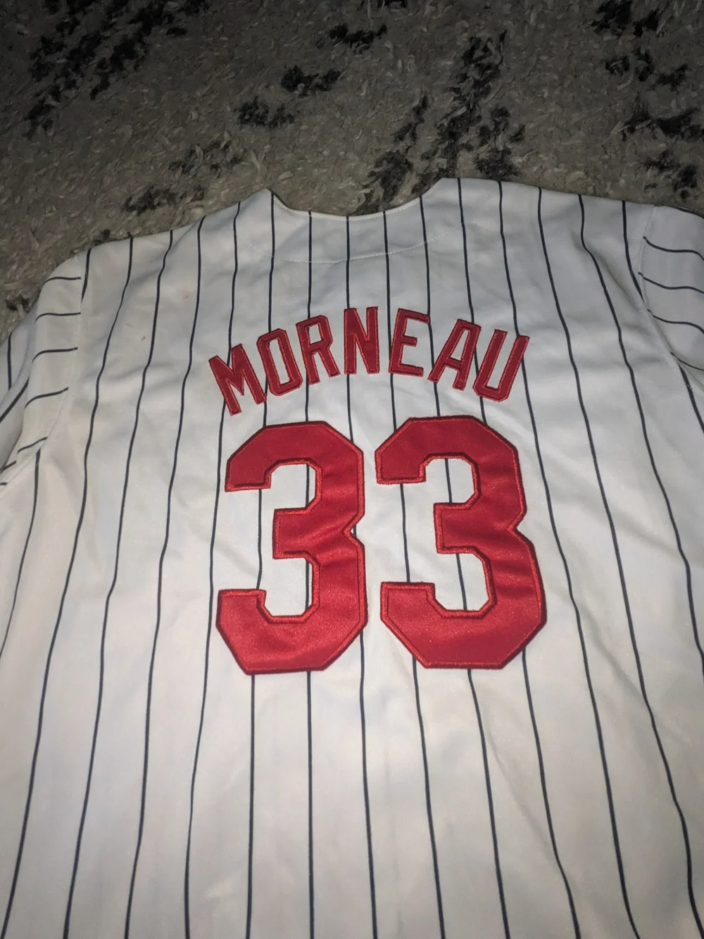 Majestic White Pinstripe Twins Baseball Jersey with Red Logo